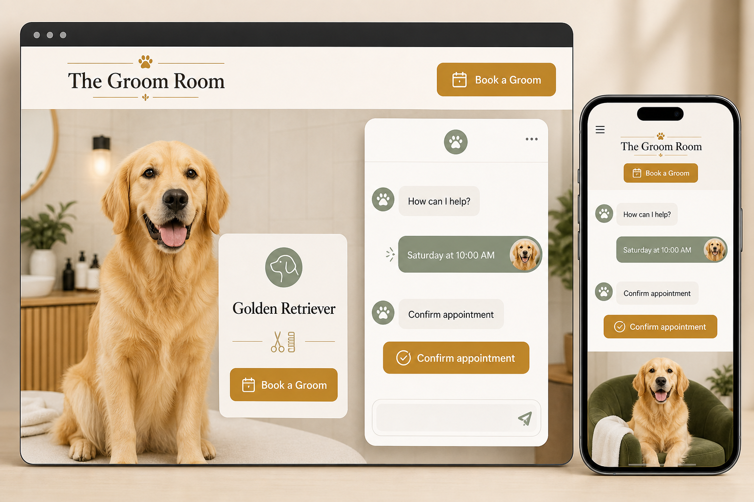 Fictional dog-groomer booking assistant concept